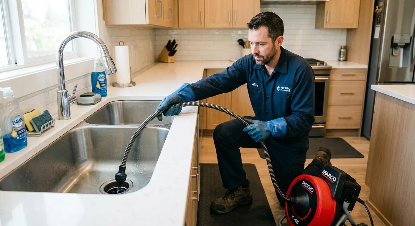 Drain cleaning technician using a motorized snake on a kitchen sink in Bethel