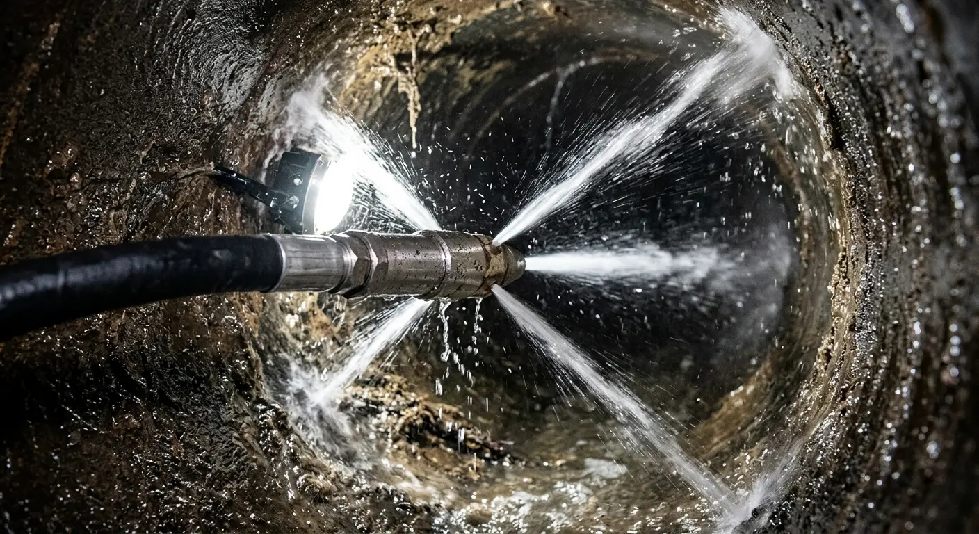 High-pressure hydro jetting nozzle cleaning sewer pipe for Sewer Cleanout in Bethel