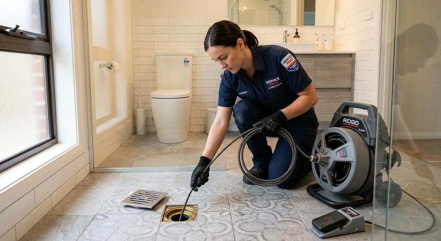 Technician clearing a bathroom floor drain for Hydro Jetting in Bethel